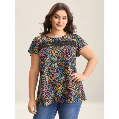 Bloomchic Women's Plus Size Multi-color Floral Print Lace Spliced Blouse Black Floral Elegant Cap Sleeve Round