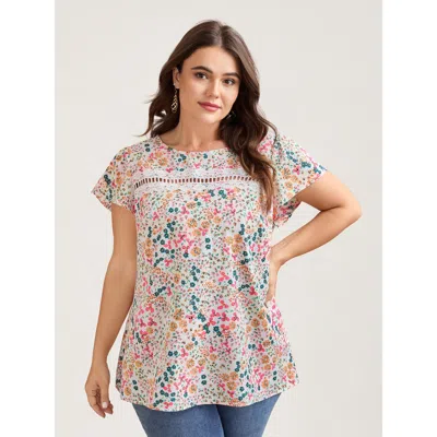 Bloomchic Women's Plus Size Multi-color Floral Print Lace Spliced Blouse Whitesmoke Floral Elegant Cap Sleeve 