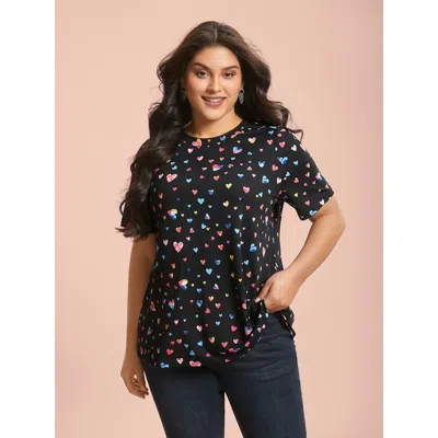 Bloomchic Women's Plus Size Multi-color Hearts Printed Stretchy T-shirt Black Heart Casual Short Sleeve 12/l