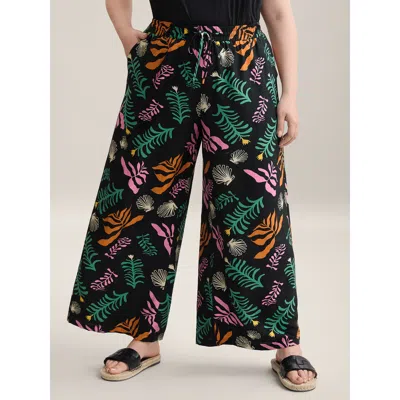 Bloomchic Women's Plus Size Multi-color Leaf Print Wide-leg Pants Black Marine Elements Wide Leg Mid Rise Vaca