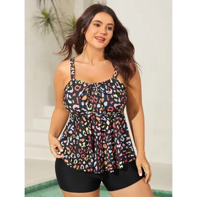 Bloomchic Women's Plus Size Multicolor Leopard Print Drawstring Swim Top Black Leopard Sleeveless Ruched Adapt