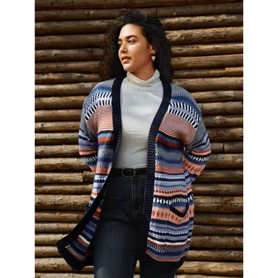 Bloomchic Women's Plus Size Multicolor Stripe Jacquard Pockets Knit Cardigan Midnight Long Sleeve 12/l In Blue