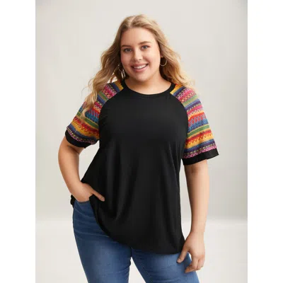 Bloomchic Women's Plus Size Multi-color Striped Sleeve Spliced T-shirt Black Stripes Casual Short Sleeve 10/m