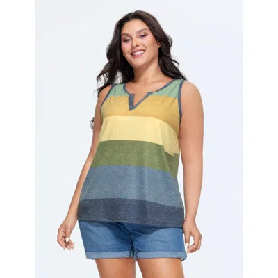 Bloomchic Women's Plus Size Multi-color Stripes Off-sleeves Vest Armygreen Casual Fitted Straight Fit V-notch 
