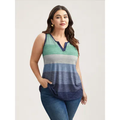 Bloomchic Women's Plus Size Multi-color Stripes Off-sleeves Vest Emerald Casual Fitted Straight Fit V-notch Ne In Green