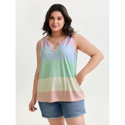 Bloomchic Women's Plus Size Multi-color Stripes Off-sleeves Vest Greenbean Casual Fitted Straight Fit V-notch 