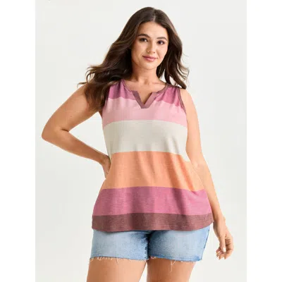 Bloomchic Women's Plus Size Multi-color Stripes Off-sleeves Vest Lightpink Casual Fitted Straight Fit V-notch 