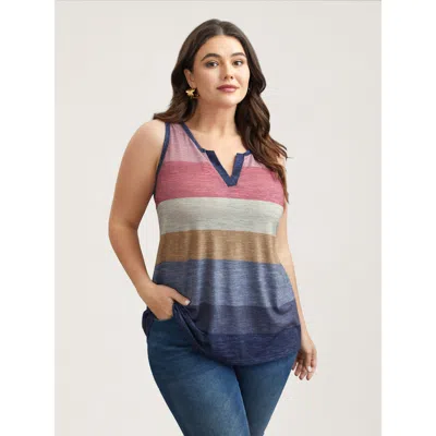 Bloomchic Women's Plus Size Multi-color Stripes Off-sleeves Vest Multicolor Casual Fitted Straight Fit V-notch
