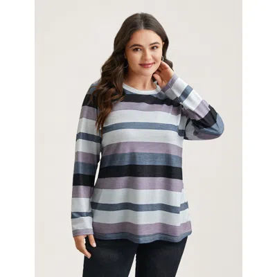 Bloomchic Women's Plus Size Multi-color Stripes Stretchy T-shirt Multicolor Stripes Everyday Extra Long Sleeve