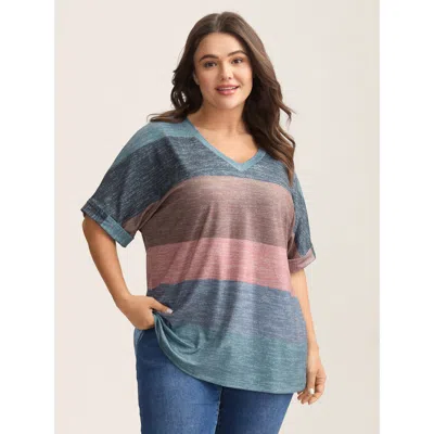 Bloomchic Women's Plus Size Multi-color Summer Stripes T-shirt Stone Stripes Casual Short Sleeve Sweetheart Ne In Gray