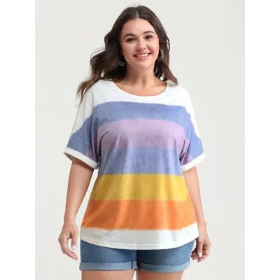 Bloomchic Women's Plus Size Multi-color Supersoft Round Neck Knit Top Multicolor Short Sleeve Casual 10/m
