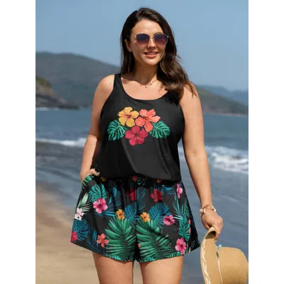 Bloomchic Women's Plus Size Multi-color Tropical Pockets One-piece Swimsuit Black Floral Bust Support 12/l