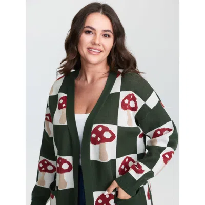 Bloomchic Women's Plus Size Mushroom Checkered Jacquard Knit Cardigan Darkgreen Long Sleeve V-neck 22-24/3x In Green