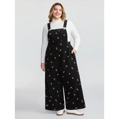Bloomchic Women's Plus Size Mushroom Embroidered Textured Overall Jumpsuit Blackflower Casual 14-16/1x