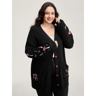 Bloomchic Women's Plus Size Mushroom Embroidery Textured Button Cardigan Black Long Sleeve V-neck 12/l