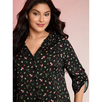 Bloomchic Women's Plus Size Mushroom Print Adjustable Sleeve Placket Blouse Blackflower Ditsy Floral Casual 3/