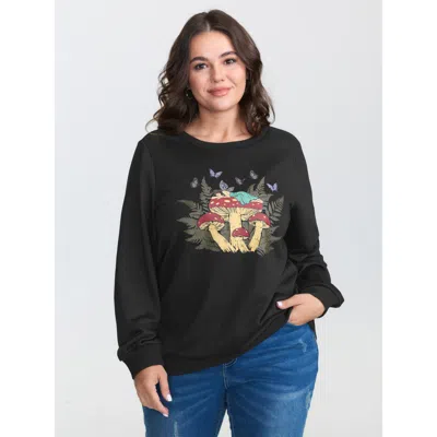Bloomchic Women's Plus Size Mushroom Print Stretchy Round Neck Sweatshirt Black Floral Casual Round Neck 12/l