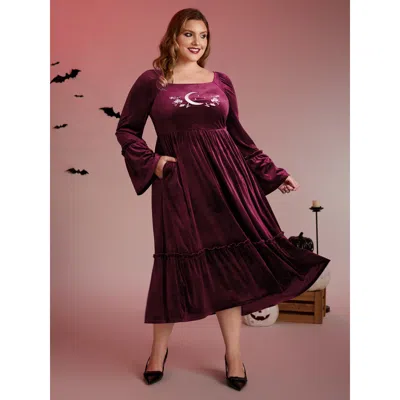 Bloomchic Women's Plus Size Mystical Moon Embroidery Velvet Midi Dress Burgundy Non Midi Elegant Gathered 12/l
