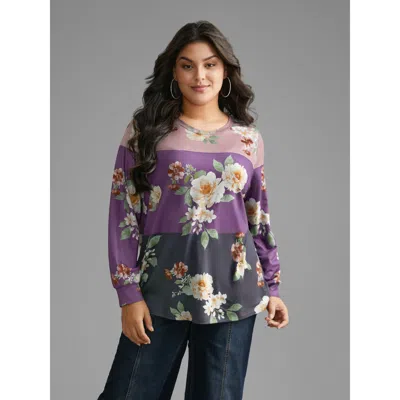 Bloomchic Women's Plus Size Natural Flowers Contrast Round Neck Sweatshirt Multicolor Natural Flowers Everyday