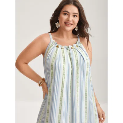 Bloomchic Women's Plus Size Nautical Stripes Flared Midi Dress Lightblue Stripes Midi Vacation Ruched 12/l In Blue