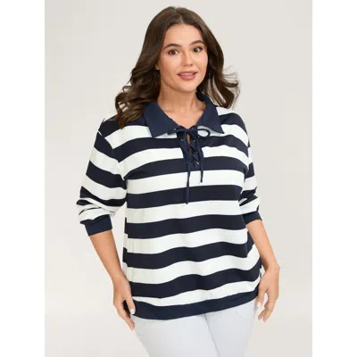 Bloomchic Women's Plus Size Nautical Stripes Neck Tie-up Sweatshirt Darkblue Casual 14-16/1x In Blue
