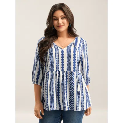 Bloomchic Women's Plus Size Nautical Stripes Rayon Tassels Blouse Darkblue Stripes Vacation 3/4 Sleeve 22-24/3 In Blue