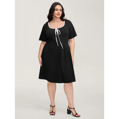Bloomchic Women's Plus Size Neck Bow-tie Contrast Pockets Midi Dress Black Non Knee Elegant 30/6x