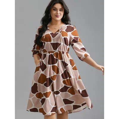 Bloomchic Women's Plus Size Neck-tie Color Block Waist Cinched Dress Multicolor Geometric Midi Everyday Tie Kn