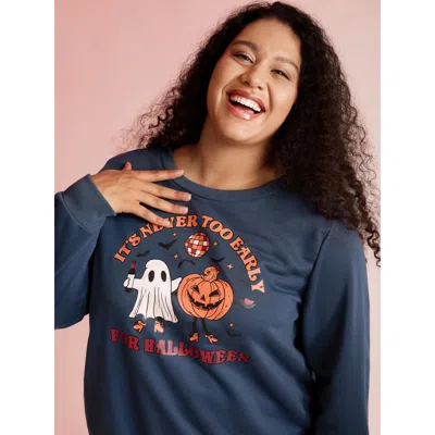 Bloomchic Women's Plus Size Never Too Early For Halloween Sweatshirt Aegean Halloween Casual 14-16/1x In Blue