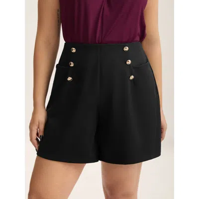 Bloomchic Women's Plus Size No-gap Waist Button Detail Straight-leg Shorts Black Office Straight Fit Button Sh
