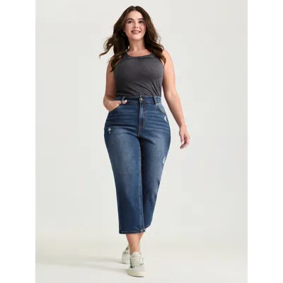 Bloomchic Women's Plus Size No-gap Waist Distressed Cropped Jeans Midblue Boyfriend High Stretch 12/l