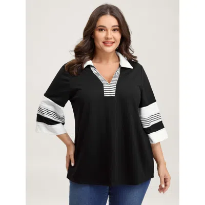 Bloomchic Women's Plus Size Non-stretch Stripes Contrast Split Neck T-shirt Black Non Casual 3/4 Sleeve 12/l