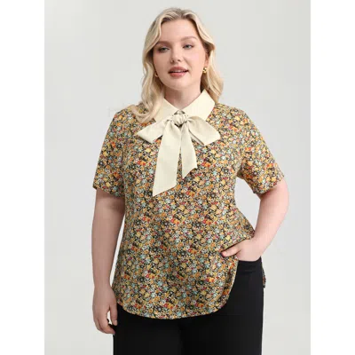 Bloomchic Women's Plus Size Nostalgic Floral Print Ribbon Tie Neckline Blouse Multicolor Ditsy Floral Elegant 