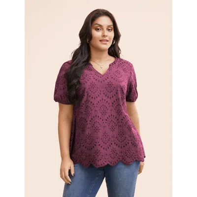 Bloomchic Women's Plus Size Notched Broderie Anglaise Frill Trim Blouse Redviolet Solid Elegant Short Sleeve V