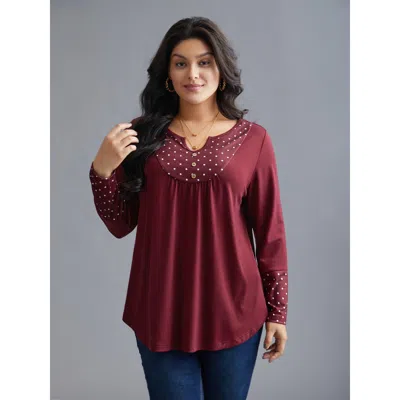Bloomchic Women's Plus Size Notched Button Detail Polka Dot Patchwork T-shirt Burgundy Extra Long Sleeve Every