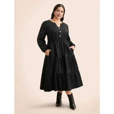 Bloomchic Women's Plus Size Notched Button Detail Ruffle Layered Hem Dress Black Non Midi Office Button 10/m