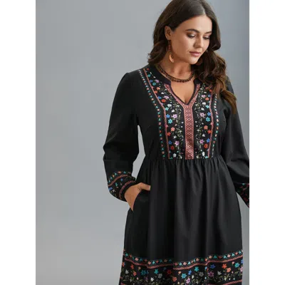 Bloomchic Women's Plus Size Notched Collar Boho Print Midi Dress Black Bohemian Print Midi Vacation Non 26/4x