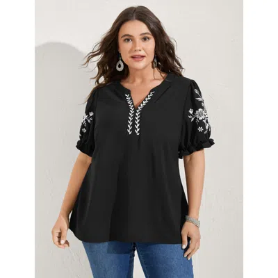 Bloomchic Women's Plus Size Notched Collar Embroidered Ruffled Blouse Black Solid Vacation Short Sleeve V-notc