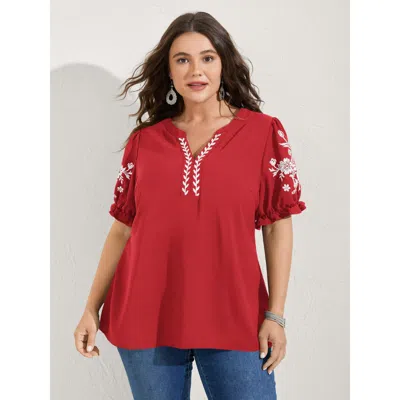 Bloomchic Women's Plus Size Notched Collar Embroidered Ruffled Blouse Brightred Solid Vacation Short Sleeve V-