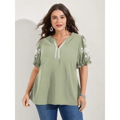 Bloomchic Women's Plus Size Notched Collar Embroidered Ruffled Blouse Greenbean Solid Vacation Short Sleeve V-