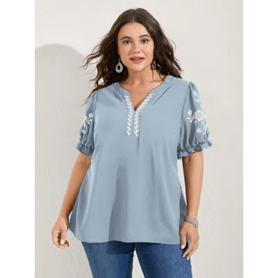 Bloomchic Women's Plus Size Notched Collar Embroidered Ruffled Blouse Lightblue Solid Vacation Short Sleeve V- In Blue
