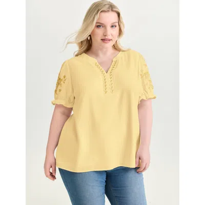 Bloomchic Women's Plus Size Notched Collar Embroidered Ruffled Blouse Lightyellow Solid Vacation Short Sleeve 