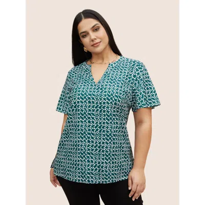 Bloomchic Women's Plus Size Notched Collar Geometric Flutter Sleeve Blouse Mint Geometric Office 3/4 Sleeve 10 In Green