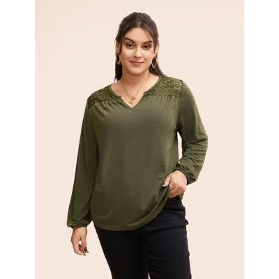 Bloomchic Women's Plus Size Notched Collar Lace Patchwork Gathered T-shirt Armygreen Extra Long Sleeve Everyda