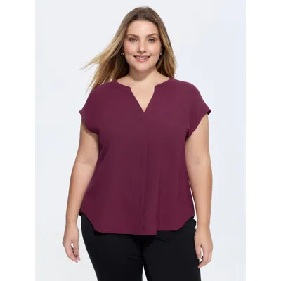 Bloomchic Women's Plus Size Notched Collar Pleated Back Blouse Burgundy Solid Office Short Sleeve V-notch Neck