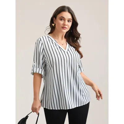 Bloomchic Women's Plus Size Notched Collar Striped Tab Sleeve Shirt Whitesmoke Stripes Office 3/4 Sleeve Deep 