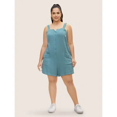 Bloomchic Women's Plus Size Notched Collar Textured Patch Pocket Jumpsuit Cerulean Everyday 10/m In Blue