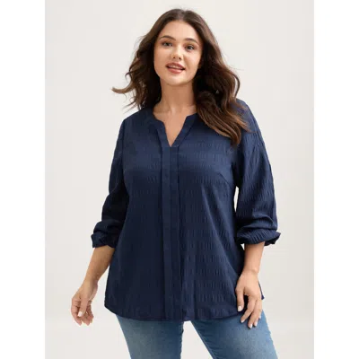 Bloomchic Women's Plus Size Notched Collar Textured Solid Blouse Indigo Non Casual Extra Long Sleeve 10/m In Purple
