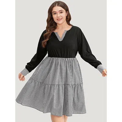 Bloomchic Women's Plus Size Notched Drawstring Gingham Patchwor Dress Black Dailywear Patchwork 22-24/3x