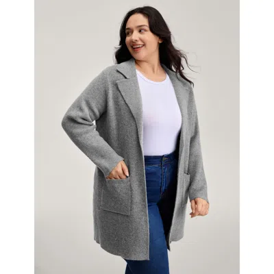 Bloomchic Women's Plus Size Notched Lapels Slit Back Knit Cardigan Darkgray Long Sleeve 10/m In Gray